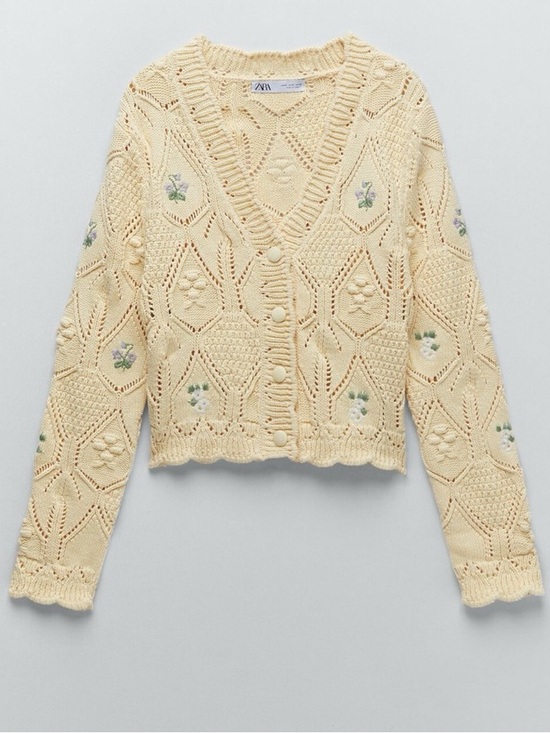 Zara Sweaters - Zara Pale Yellow Knit Cardigan with Floral Embroidery